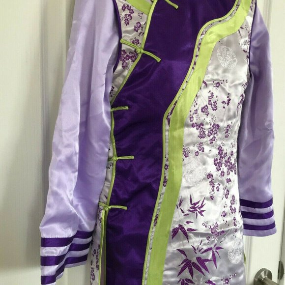 Cheongsam QiPao Long Sleeve Tunic Top Purple Green Bamboo Satin Brocade - Picture 8 of 9
